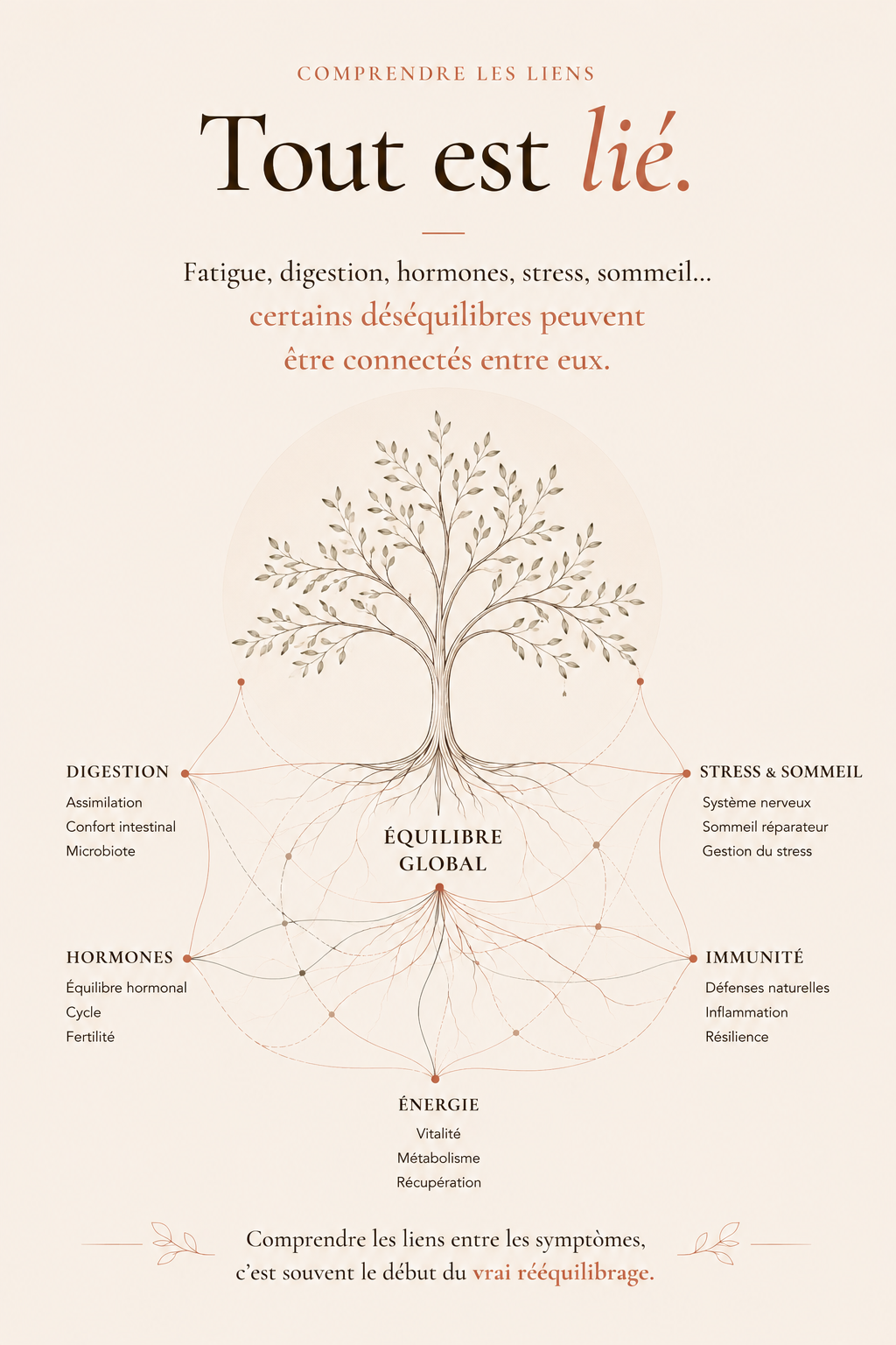 Tout est lié — comprendre les liens entre fatigue, digestion, hormones, stress, sommeil, immunité et énergie